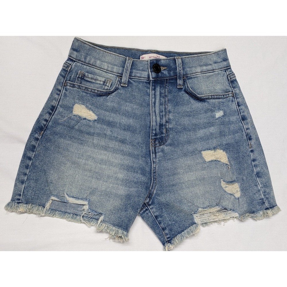 SO High Rise Boyfriend‎ Midi Distressed Denim Shorts Frayed Hem Size 3/26